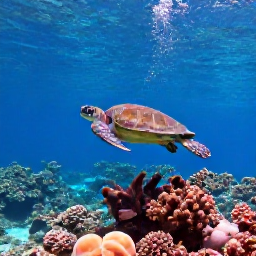 Caribbean Holidays, Barbados Scuba Diving, Sea turtle swimming above a coral reef with tropical fish in the clear Caribbean waters of Barbados