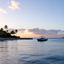 Caribbean Holidays, Barbados Scuba Diving, Small dive boat leaving a calm Barbados harbour at sunrise, with palm trees and blue Caribbean sea