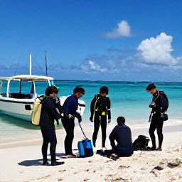 Caribbean Holidays, Barbados Scuba Diving, Small group of scuba divers preparing equipment beside a boat on a sunny Barbados beach