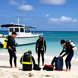 Caribbean Holidays, Barbados Scuba Diving, Small group of scuba divers preparing equipment beside a boat on the coast of Barbados
