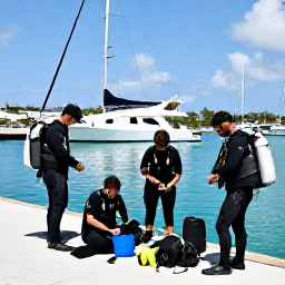 Caribbean Holidays, Barbados Scuba Diving, Small group of scuba divers preparing equipment beside a sunny Barbados boat marina