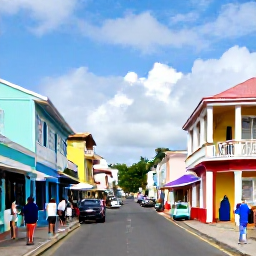 Caribbean Holidays, Barbados September, Colourful Bridgetown street with historic buildings, local shops and visitors exploring Barbados