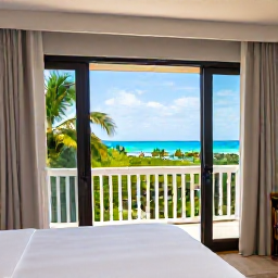 Caribbean Holidays, Barbados September, Comfortable Barbados hotel room opening onto a balcony with a view of tropical gardens and the sea