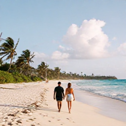 Caribbean Holidays, Barbados September, Couple walking along a wide sandy beach in Barbados beneath soft September sunshine