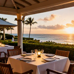 Caribbean Holidays, Barbados September, Elegant adults-only Barbados resort restaurant serving dinner outdoors at sunset