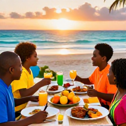Caribbean Holidays, Barbados September Holidays, A colourful family meal at a casual seaside restaurant in Barbados, with local dishes, fresh fruit and a sunset over the Caribbean Sea