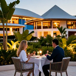 Caribbean Holidays, Barbados September Holidays, A couple dining outdoors at an all-inclusive Barbados resort in the evening, with tropical plants, soft lighting and a relaxed atmosphere