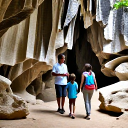 Caribbean Holidays, Barbados September Holidays, A family exploring Harrison's Cave in Barbados, walking beside dramatic limestone formations with a knowledgeable guide