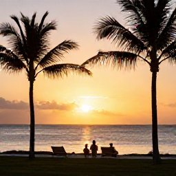 Caribbean Holidays, Barbados September Holidays, A peaceful Barbados sunset viewed from a family-friendly resort, with palm trees, warm golden light and the calm Caribbean horizon