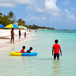 Caribbean Holidays, Barbados September Holidays, Children paddling and playing in shallow clear water on a family-friendly Barbados beach, with parents nearby and colourful beach umbrellas