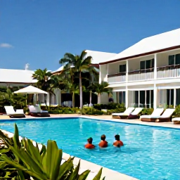 Caribbean Holidays, Barbados September Holidays, Guests enjoying a stylish all-inclusive hotel pool in Barbados, with tropical gardens, sunbeds and a clear blue sky