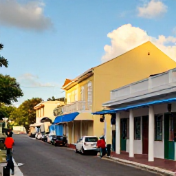 Caribbean Holidays, Barbados September Holidays, Visitors exploring Bridgetown, Barbados, with colourful buildings, a historic street and local shops in warm daylight