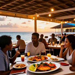 Caribbean Holidays, Barbados September, Outdoor Barbados restaurant at sunset with grilled fish, colourful Caribbean dishes, friendly diners and warm lights near the sea