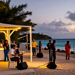 Caribbean Holidays, Barbados September, Relaxed September evening in Barbados with local musicians performing outdoors near the coast, warm lights and island visitors