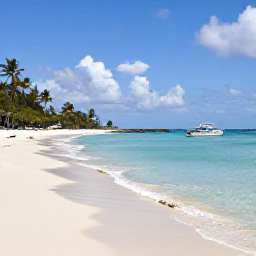 Caribbean Holidays, Barbados September Tours, Bright Caribbean beach in Barbados during September, with calm turquoise water, pale sand, palm trees and a small tour boat offshore