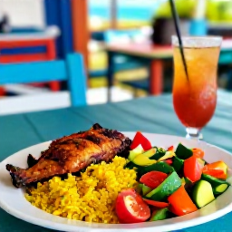 Caribbean Holidays, Barbados September Tours, Colourful Bajan food served at a casual Barbados restaurant, including fish, rice, vegetables and a glass of rum punch