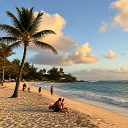 Caribbean Holidays, Barbados September Tours, Relaxed September evening on a Barbados beach, with golden light, gentle waves, palm trees and travellers enjoying a peaceful holiday