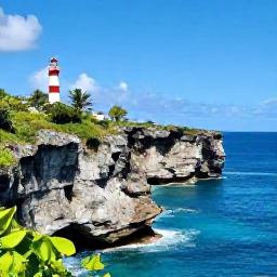 Caribbean Holidays, Barbados September Tours, Scenic Barbados coastal tour with a local guide, rugged cliffs, blue sea, tropical vegetation and a historic lighthouse in the distance