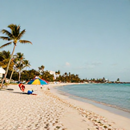 Caribbean Holidays, Barbados September, Warm September afternoon on a Barbados beach with calm turquoise water, pale sand, palm trees and a few colourful umbrellas