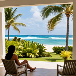 Caribbean Holidays, Barbados Solo Holidays, A comfortable Barbados hotel near the beach, with a solo traveller enjoying a peaceful terrace and tropical greenery