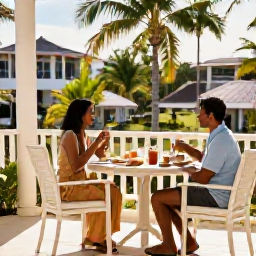Caribbean Holidays, Barbados Solo Holidays, A peaceful Barbados hotel terrace with a solo traveller enjoying breakfast, tropical greenery and bright morning light