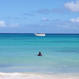 Caribbean Holidays, Barbados Solo Holidays, A relaxed Barbados beach scene with a solo visitor swimming in calm turquoise water and local boats offshore