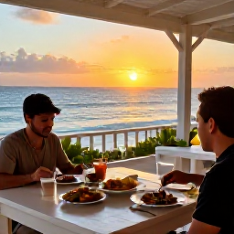 Caribbean Holidays, Barbados Solo Holidays, A solo diner enjoying fresh Bajan food at a friendly open-air restaurant in Barbados at sunset