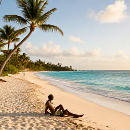 Caribbean Holidays, Barbados Solo Holidays, A solo traveller relaxing on a quiet golden beach in Barbados in September, turquoise sea, palm trees and soft morning light
