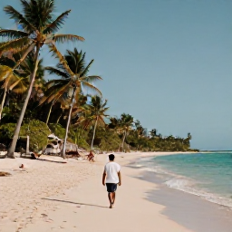 Caribbean Holidays, Barbados Solo Holidays, A solo traveller walking along a quiet palm-fringed beach in Barbados during warm October sunshine