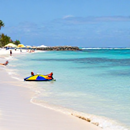 Caribbean Holidays, Barbados Solo Holidays, A solo visitor swimming in clear water beside a sandy Barbados beach, colourful beach umbrellas and calm Caribbean waves