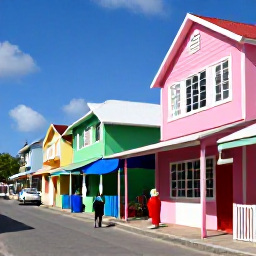 Caribbean Holidays, Barbados Solo Holidays, Bright Bridgetown street scene with colourful buildings, local shops and a solo visitor exploring Barbados