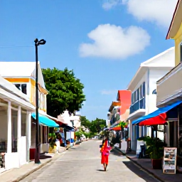 Caribbean Holidays, Barbados Solo Holidays, Colourful Bridgetown street scene with historic buildings, local shops and a solo visitor exploring Barbados