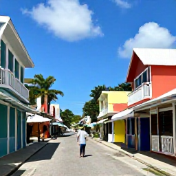 Caribbean Holidays, Barbados Solo Holidays, Colourful Bridgetown street with historic buildings, local shops and a solo visitor exploring Barbados