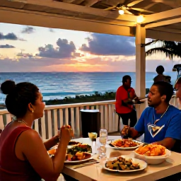 Caribbean Holidays, Barbados Solo Holidays, Friendly Barbados restaurant at sunset with a solo diner enjoying fresh seafood and live local music