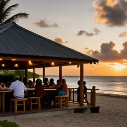 Caribbean Holidays, Barbados Solo Holidays, Friendly Barbados rum shop or restaurant at sunset, solo traveller enjoying local food and music