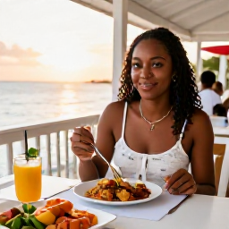 Caribbean Holidays, Barbados Solo Holidays, Friendly solo diner enjoying fresh Bajan food at an open-air restaurant in Barbados at sunset