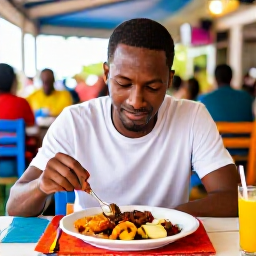 Caribbean Holidays, Barbados Solo Holidays, Friendly solo traveller enjoying a colourful Bajan meal at an outdoor restaurant in Barbados