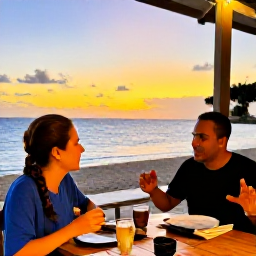 Caribbean Holidays, Barbados Solo Holidays, Friendly solo traveller enjoying dinner at a casual seaside restaurant in Barbados at sunset