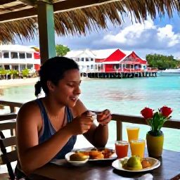 Caribbean Holidays, Barbados Solo Holidays, Friendly solo visitor enjoying breakfast at a waterside caf&eacute; in Bridgetown, Barbados, colourful buildings and local atmosphere