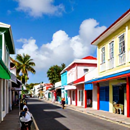 Caribbean Holidays, Barbados Solo Holidays, Lively Bridgetown street scene in Barbados with solo visitor exploring colourful buildings, local shops and historic architecture