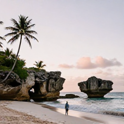 Caribbean Holidays, Barbados Solo Holidays, Lone traveller walking along Bathsheba beach in Barbados, dramatic rock formations, palm trees and calm morning light