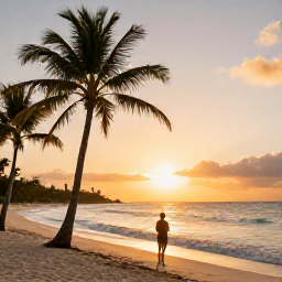 Caribbean Holidays, Barbados Solo Holidays, Peaceful Barbados beach at sunset in December with palm trees and a solo traveller watching the sea