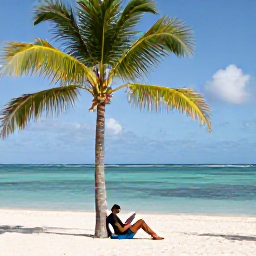 Caribbean Holidays, Barbados Solo Holidays, Peaceful Barbados beach in May with a solo traveller reading beneath a palm tree, bright sky and calm Caribbean water