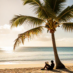 Caribbean Holidays, Barbados Solo Holidays, Quiet Barbados beach with a solo traveller reading under a palm tree, warm August sunshine and calm Caribbean water