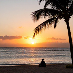 Caribbean Holidays, Barbados Solo Holidays, Relaxed solo traveller watching sunset from a Barbados beach, warm evening light, calm Caribbean sea and palm silhouettes