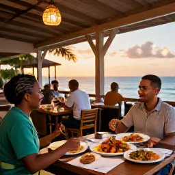 Caribbean Holidays, Barbados Solo Holidays, Solo traveller dining at a lively Barbados restaurant at sunset, fresh seafood, local dishes and warm welcoming atmosphere