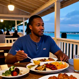 Caribbean Holidays, Barbados Solo Holidays, Solo traveller enjoying a Bajan meal at a friendly outdoor restaurant in Barbados during a warm March evening