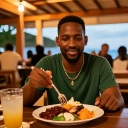 Caribbean Holidays, Barbados Solo Holidays, Solo traveller enjoying Bajan food at a casual outdoor restaurant in Barbados during a warm August evening