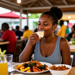 Caribbean Holidays, Barbados Solo Holidays, Solo traveller enjoying Bajan food at a lively outdoor restaurant in Barbados, local dishes and friendly evening atmosphere
