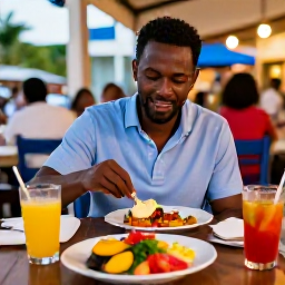 Caribbean Holidays, Barbados Solo Holidays, Solo traveller enjoying Bajan food at an outdoor restaurant in Barbados, colourful dishes, friendly atmosphere and evening lights